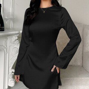 Round Neck Long Sleeve Mini Dress | New Solid Cocktail Dress w/ Cut Out